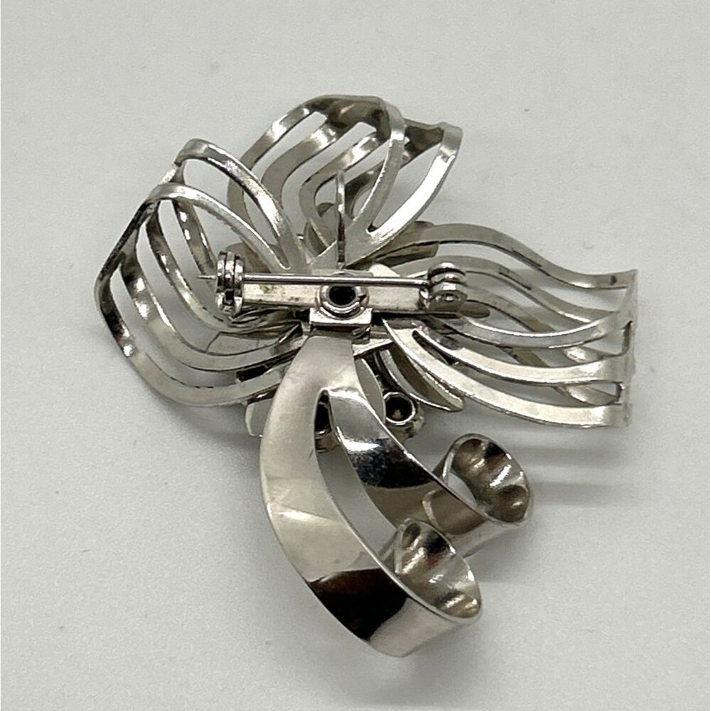 Vintage Bow Brooch Ribbon Pendant Floral & Clear Blue Center Silver-tone - Picture 7 of 11